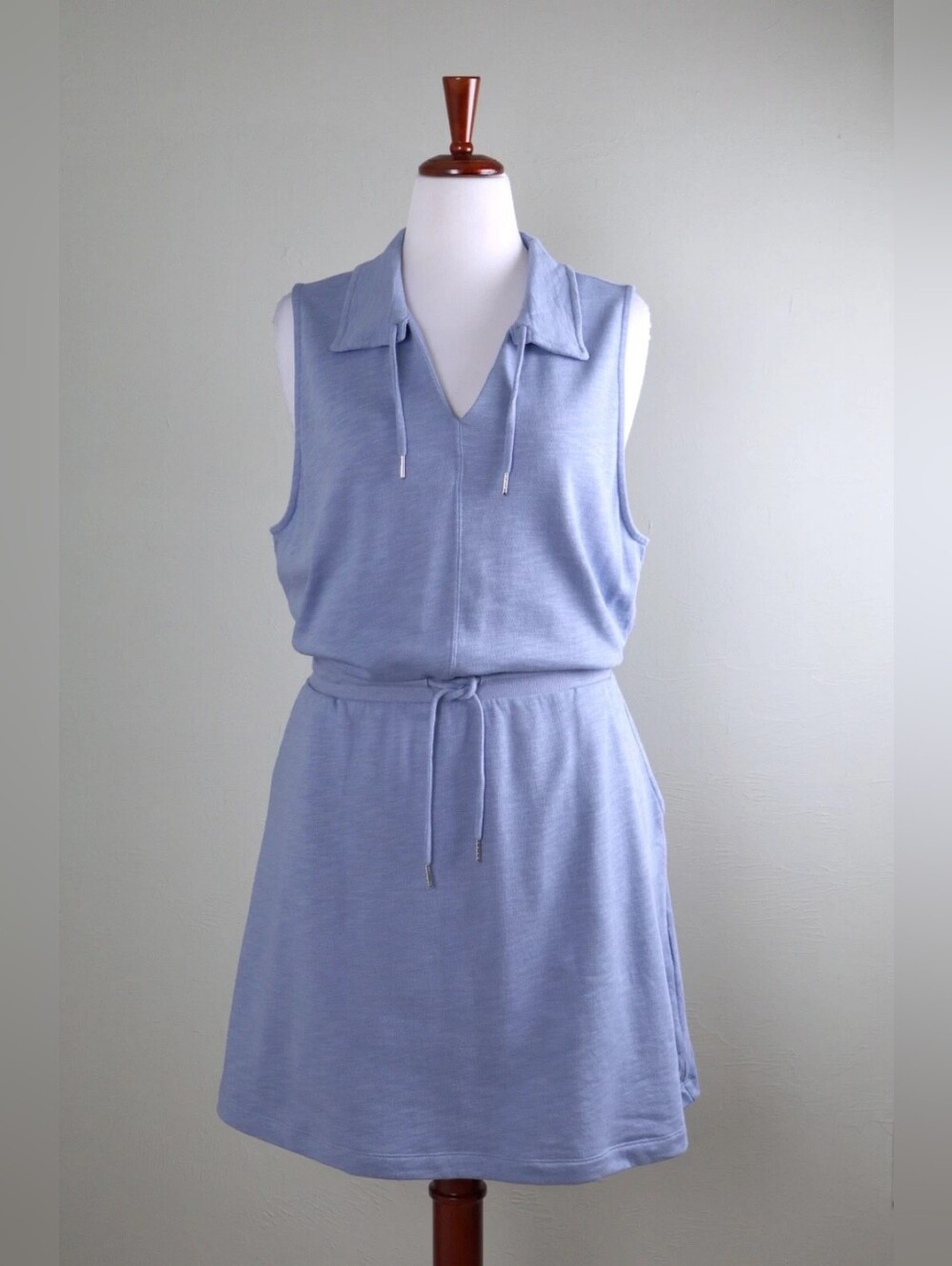 Sleeveless Light Blue Drawstring Waist Polo Dress